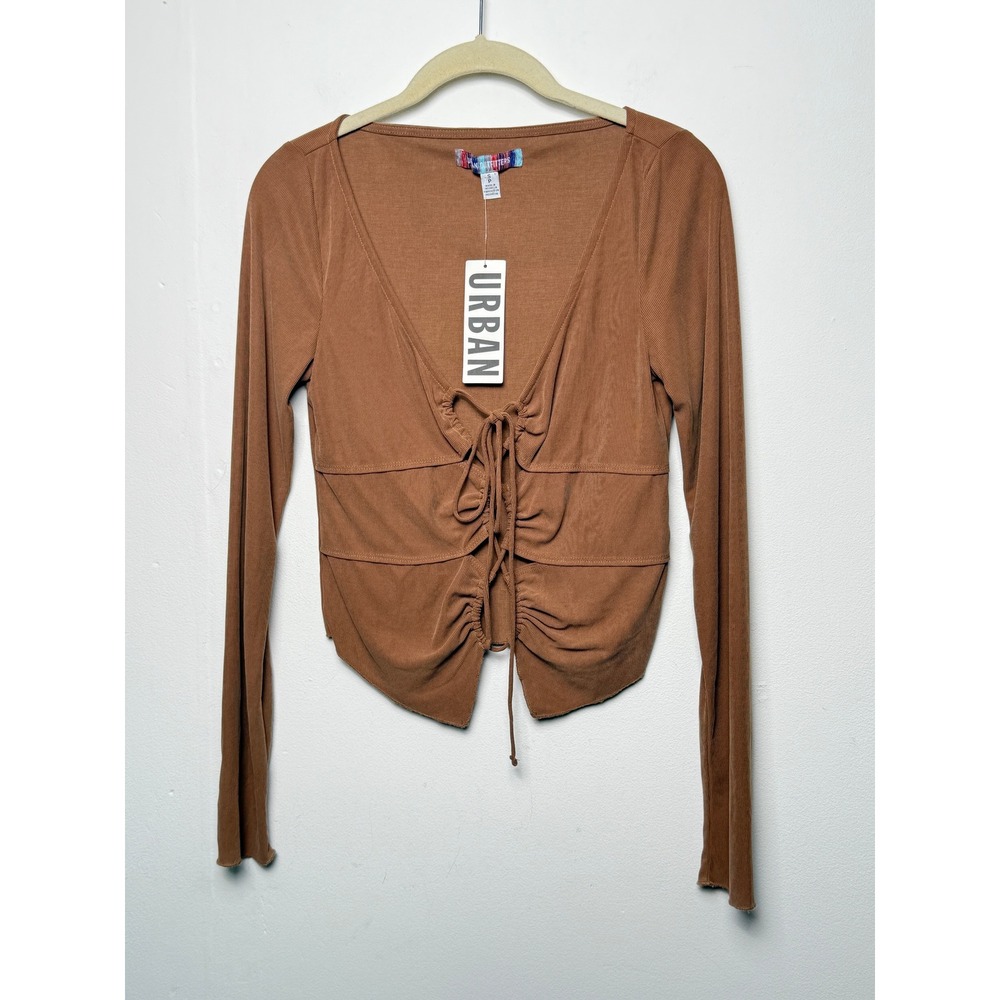 Urban Outfitters Brown Ribbed‎ Front Tie Ruched Long Sleeve Top Small NEW